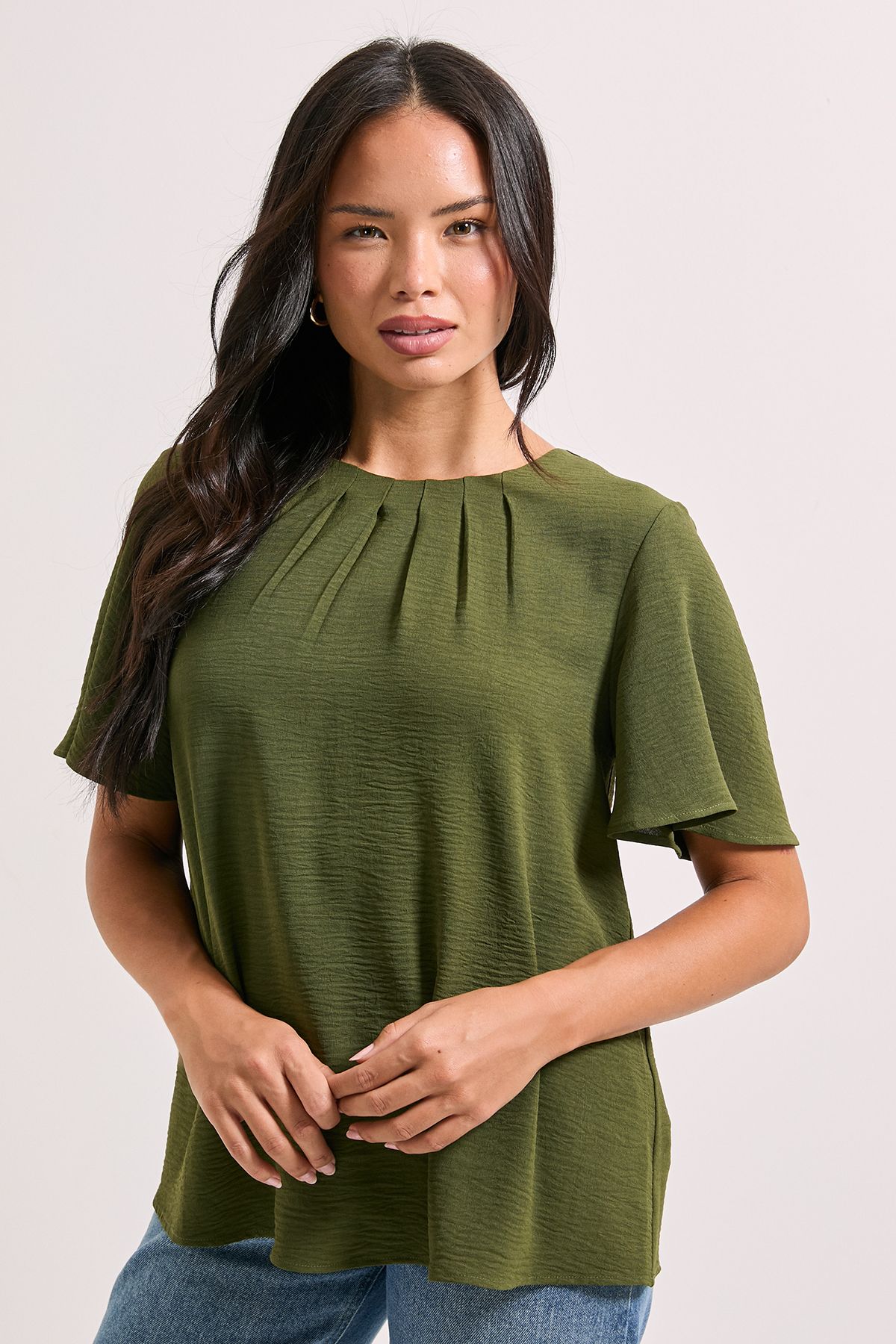 Dorothy Perkins Gathered Neckline Angel Sleeve Blouse Khaki