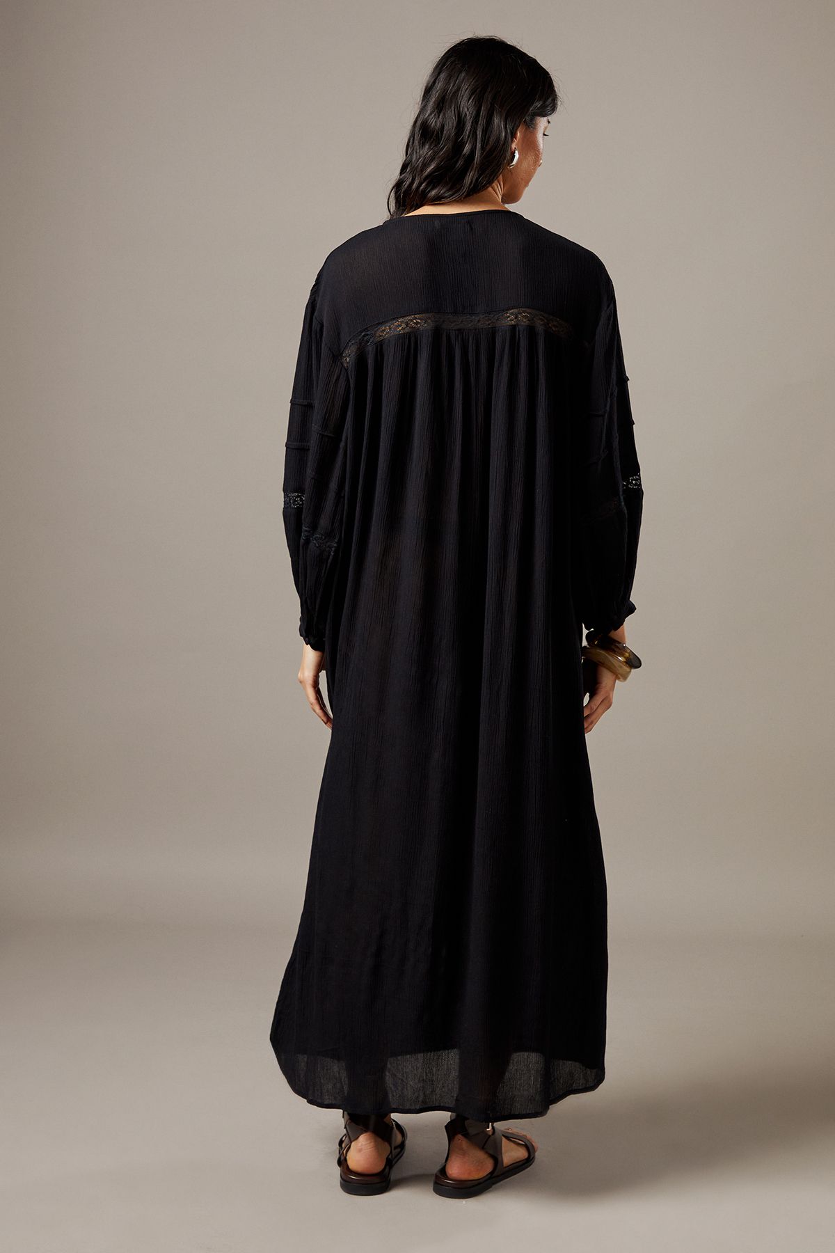 Warehouse Cheesecloth Embroidered Trim Insert Midi Smock Dress Black image 3