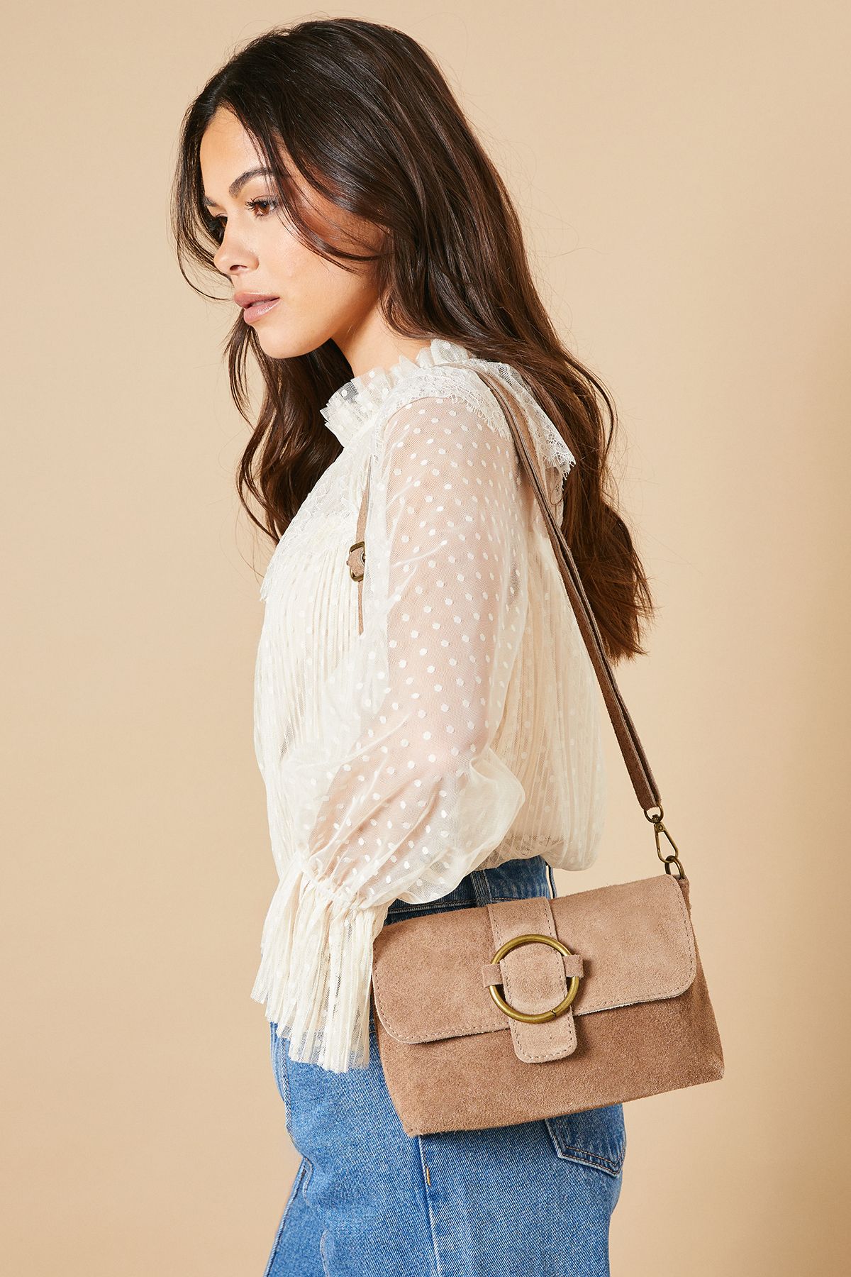 Oasis Azuriel Suede Ring Detail Crossbody Bag Taupe image 1