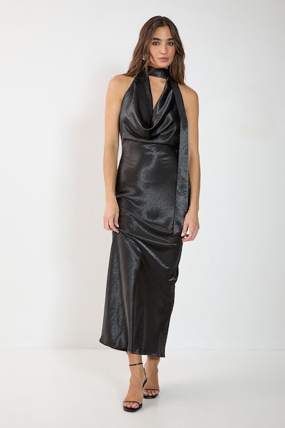 NastyGal Satin Wrap High Neck Cowl Front Maxi Dress Black