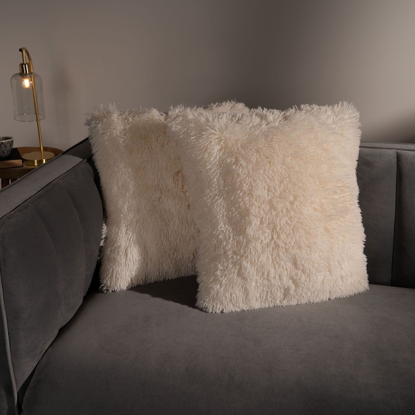 OHS Set of 2 Fluffy Shaggy Filled Cushion with Cover Square