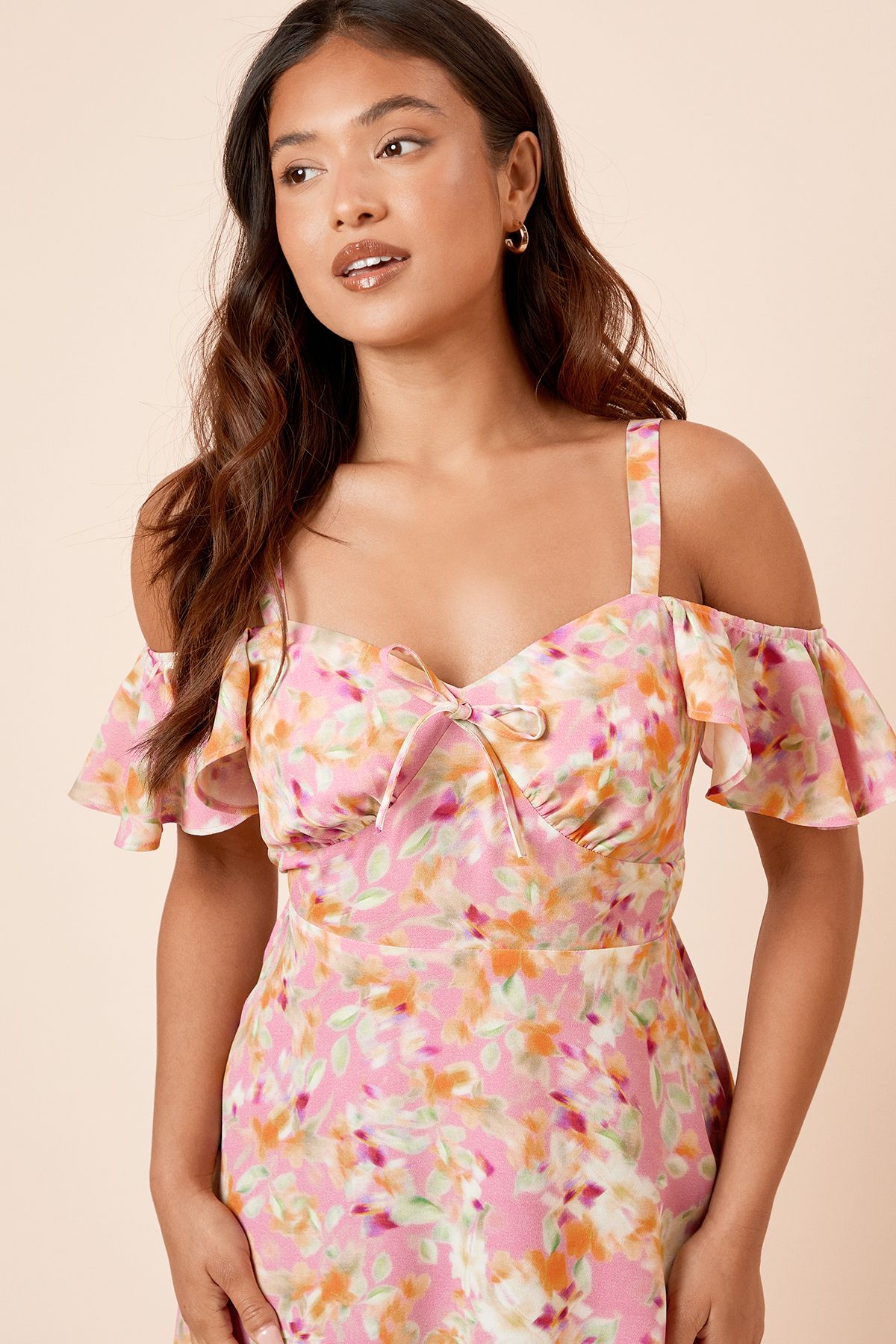 Dorothy Perkins Petite Floral Tie Front Cold Shoulder Mini Dress Floral image 3