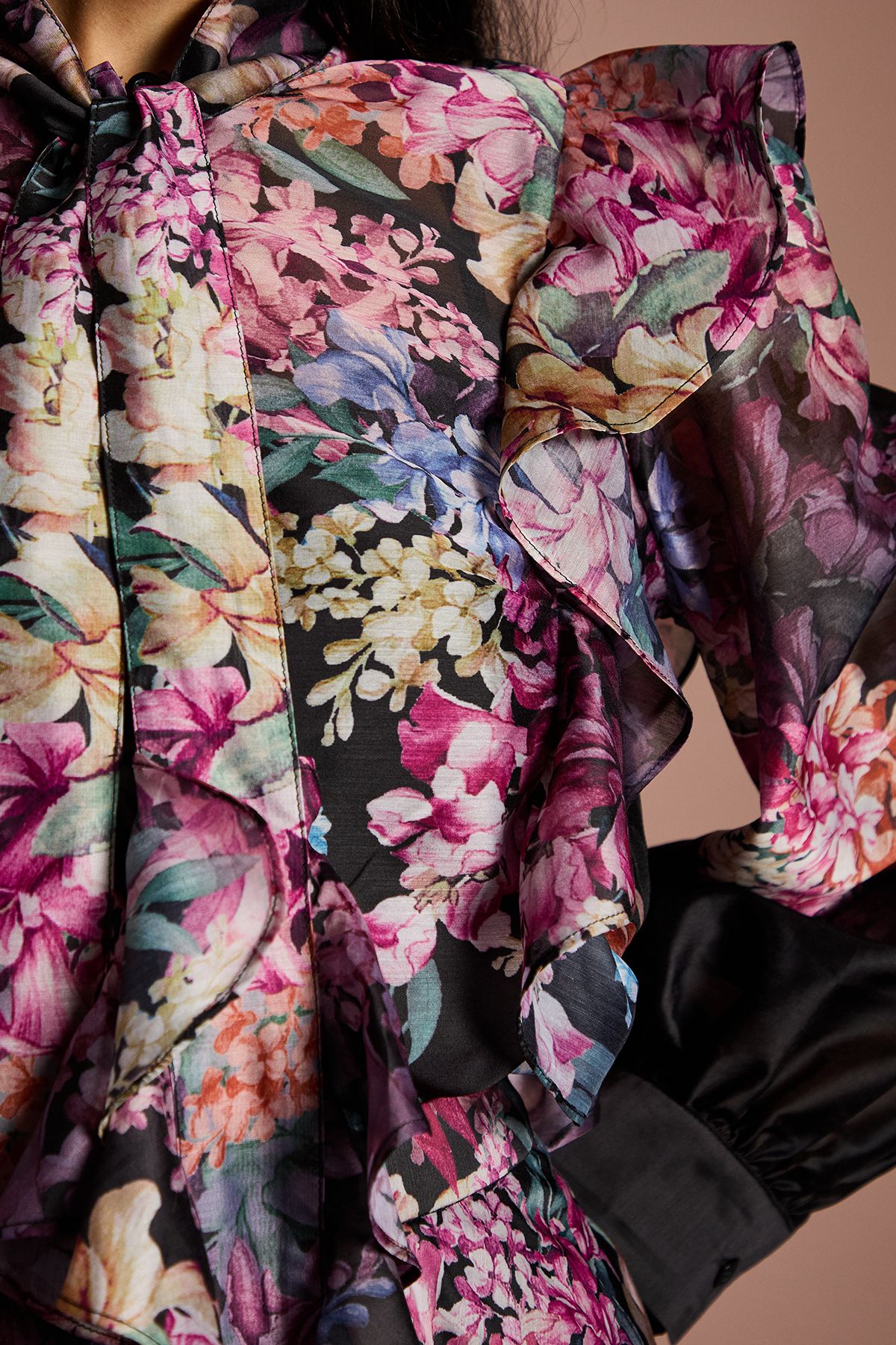 Coast Long Sleeve Frill Trim Organza Blouse With Tie Neck Multi image 5