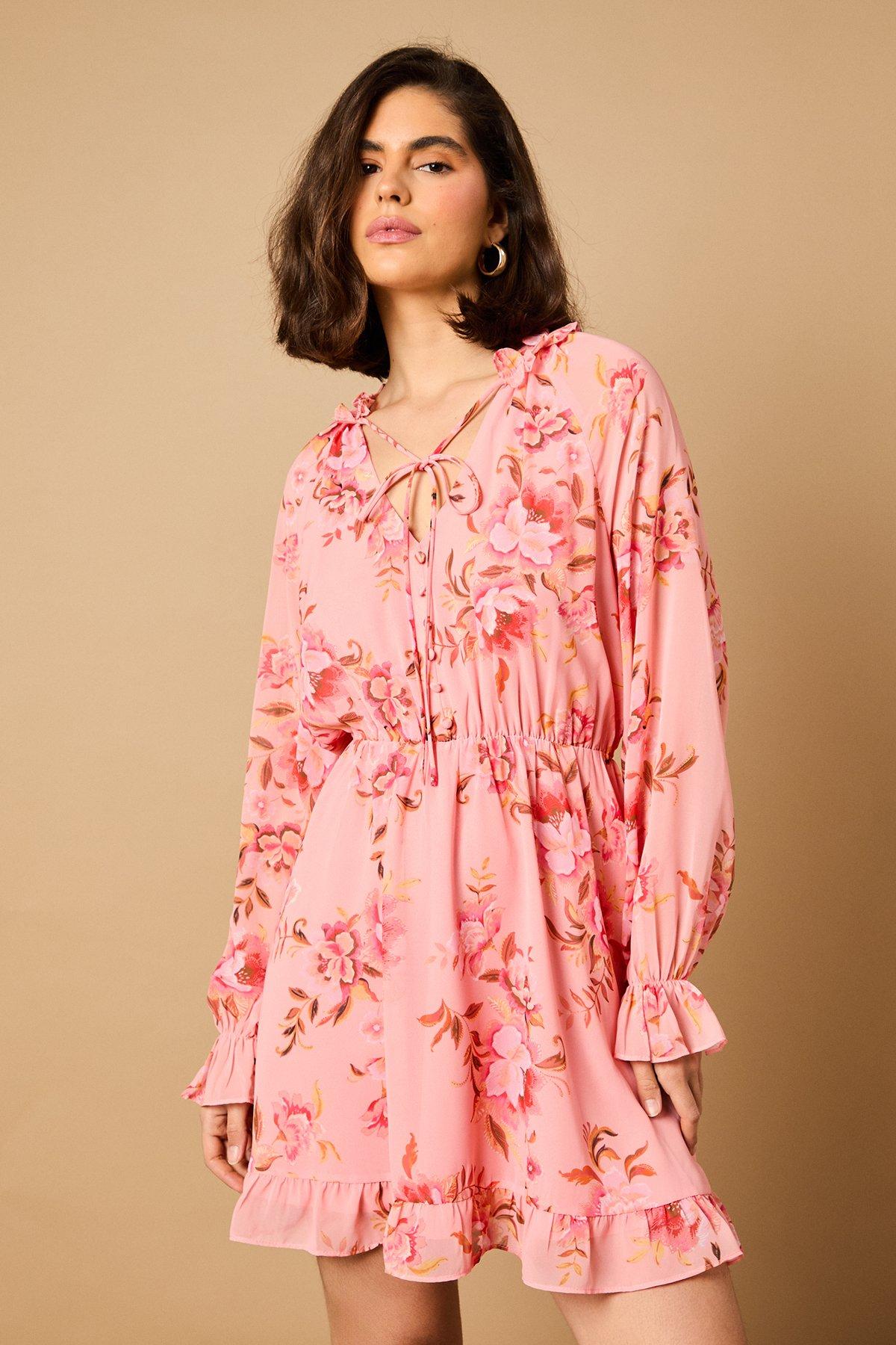 Oasis Floral Long Sleeve Mini Skater Dress Pink image 5