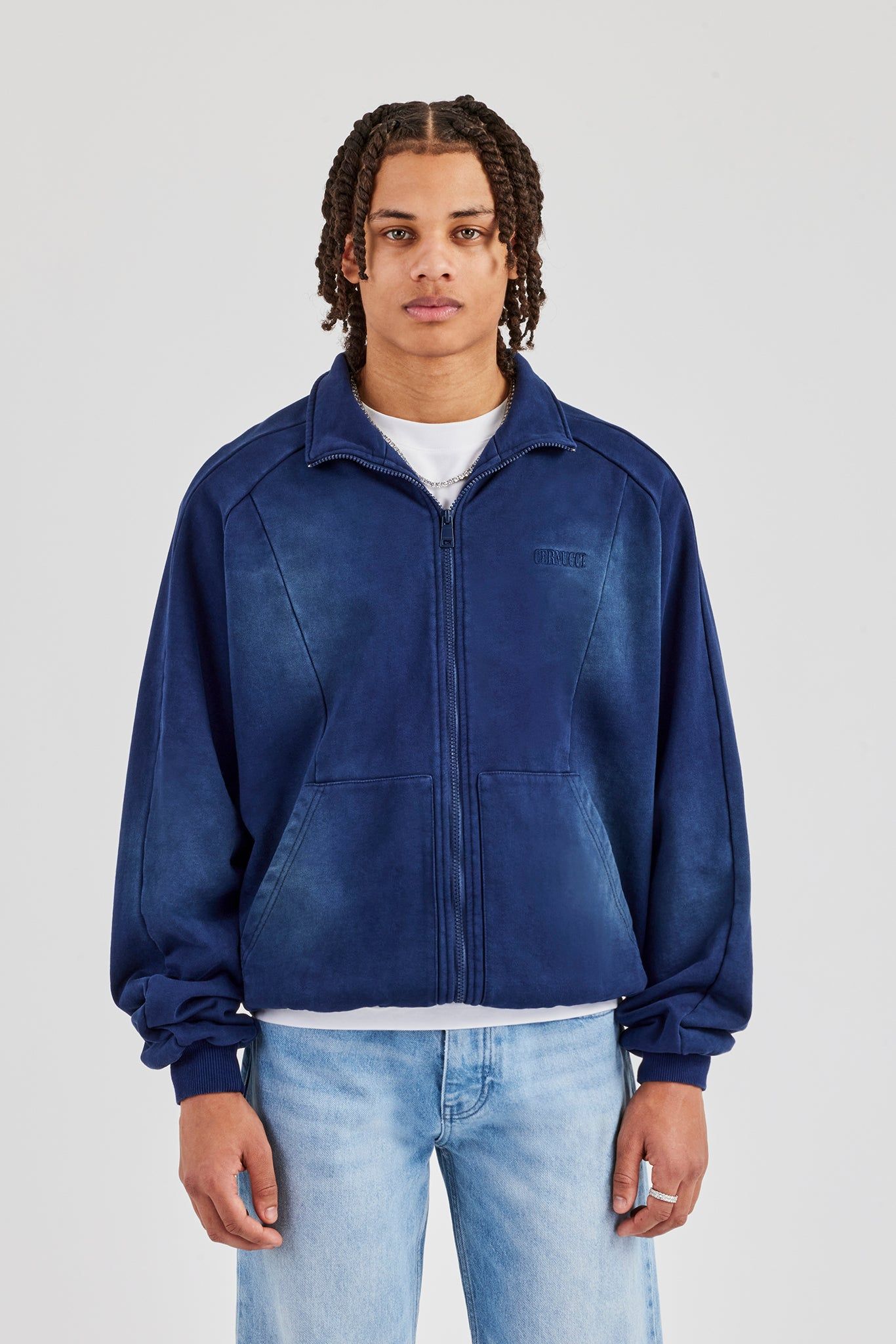 Cernucci Washed Raglan Seam Detail Zip Through Hoodie - Navy Blue image 1