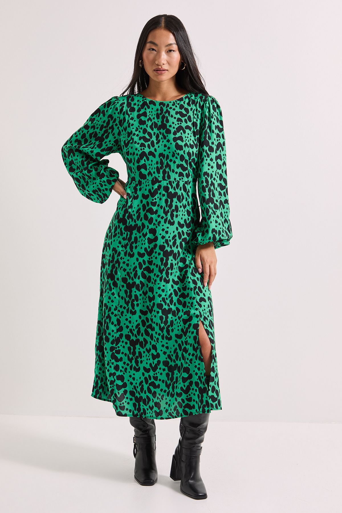 Dorothy Perkins Petite Green Animal Empire Seam Split Detail Printed Midi Dress Animal