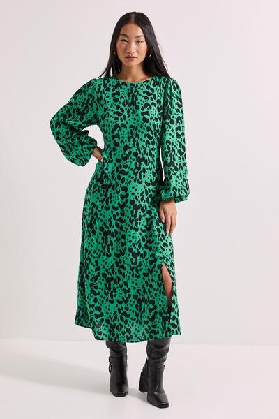 Dorothy Perkins Petite Green Animal Empire Seam Split Detail Printed Midi Dress Animal