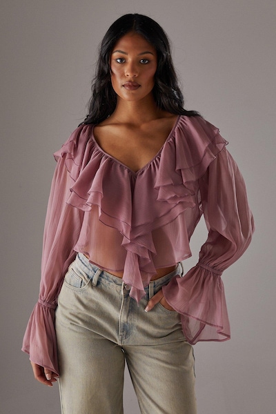 Warehouse Chiffon Double Ruffle Boho Blouse Rose