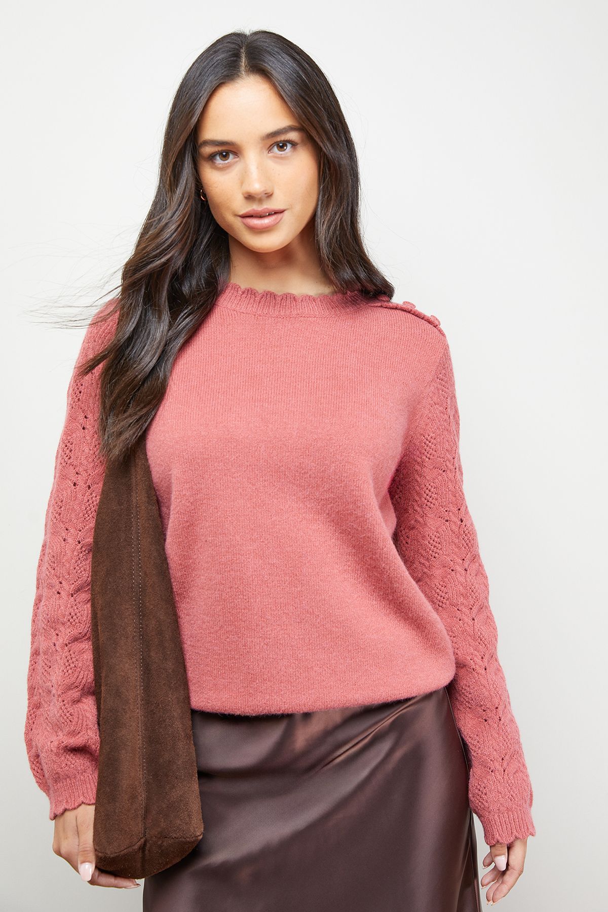 Oasis Stitch Detail Sleeve Ruffle Neck Jumper Desert Rose image 1