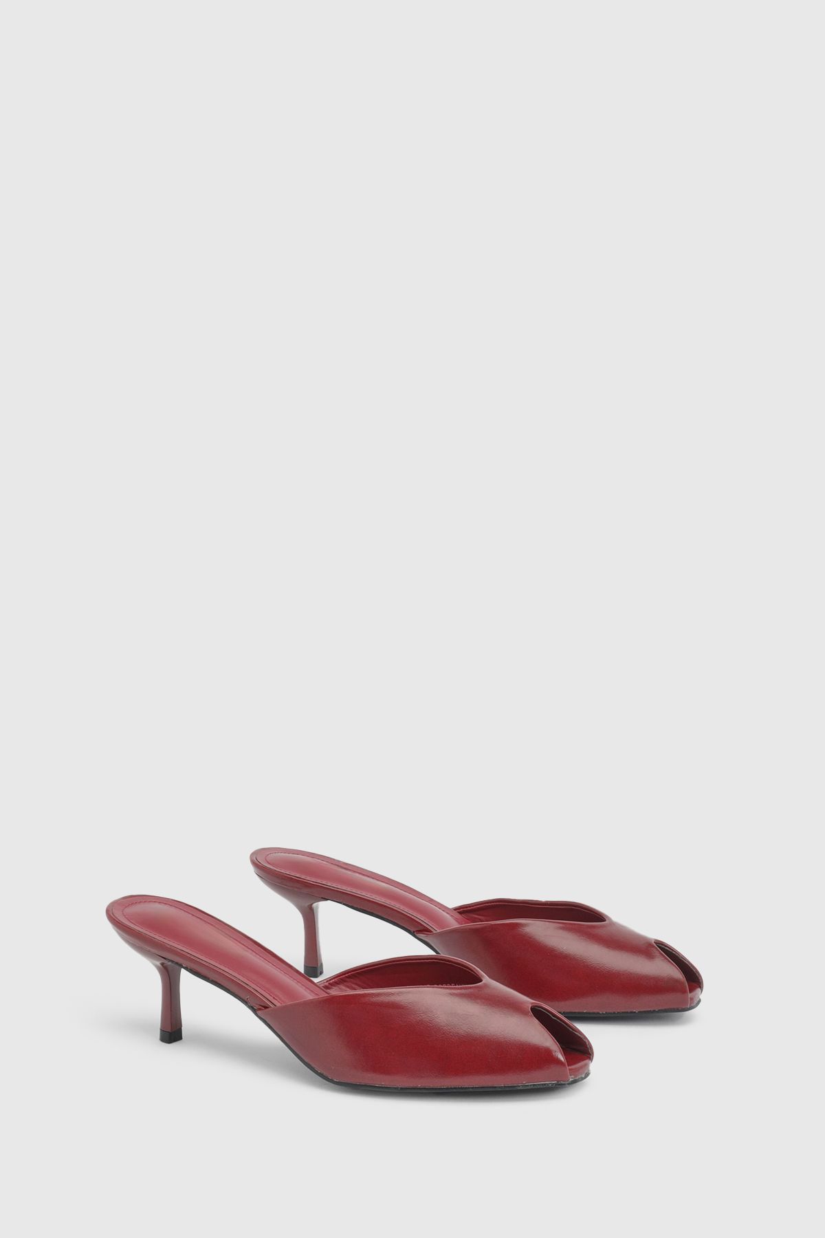 MissPap Wine Red Faux Leather Mid Stiletto Heel Peep Toe Mules Wine