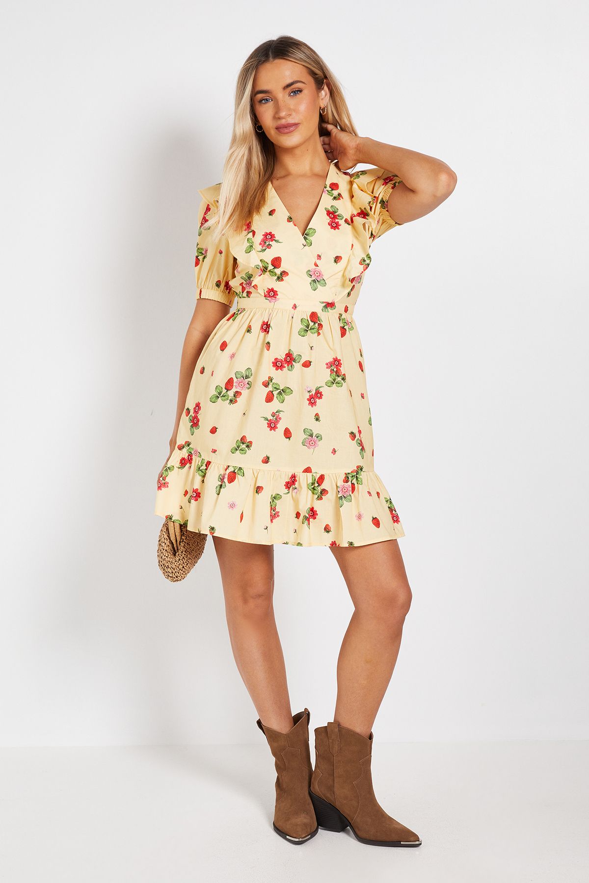 Dorothy Perkins Ruffle Shoulder Puff Sleeve Poplin Mini Dress Yellow