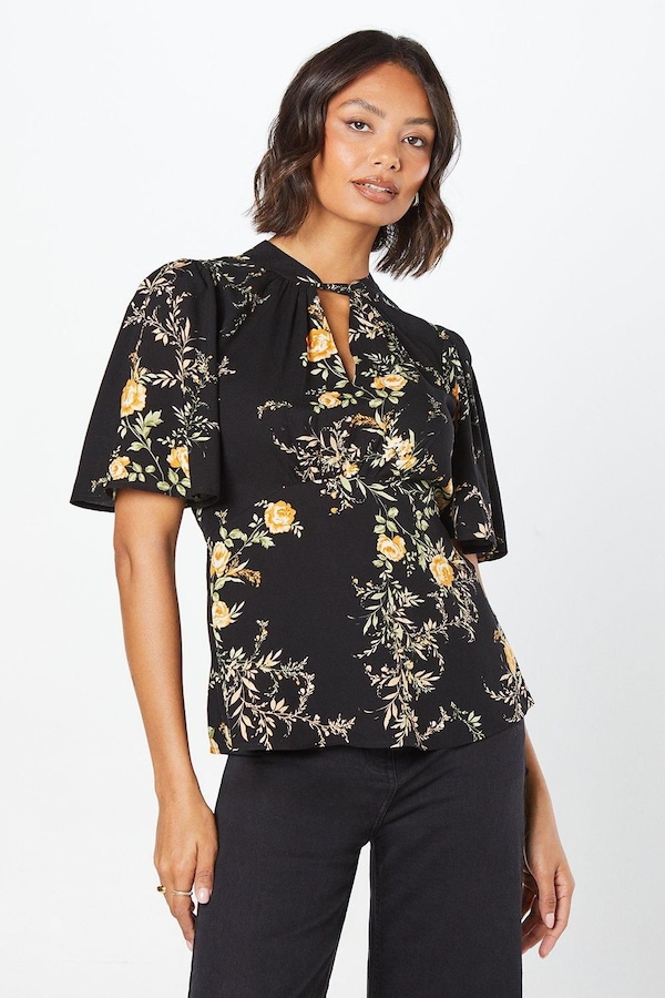 Dorothy Perkins Black Floral Twist Neck Keyhole Blouse Black