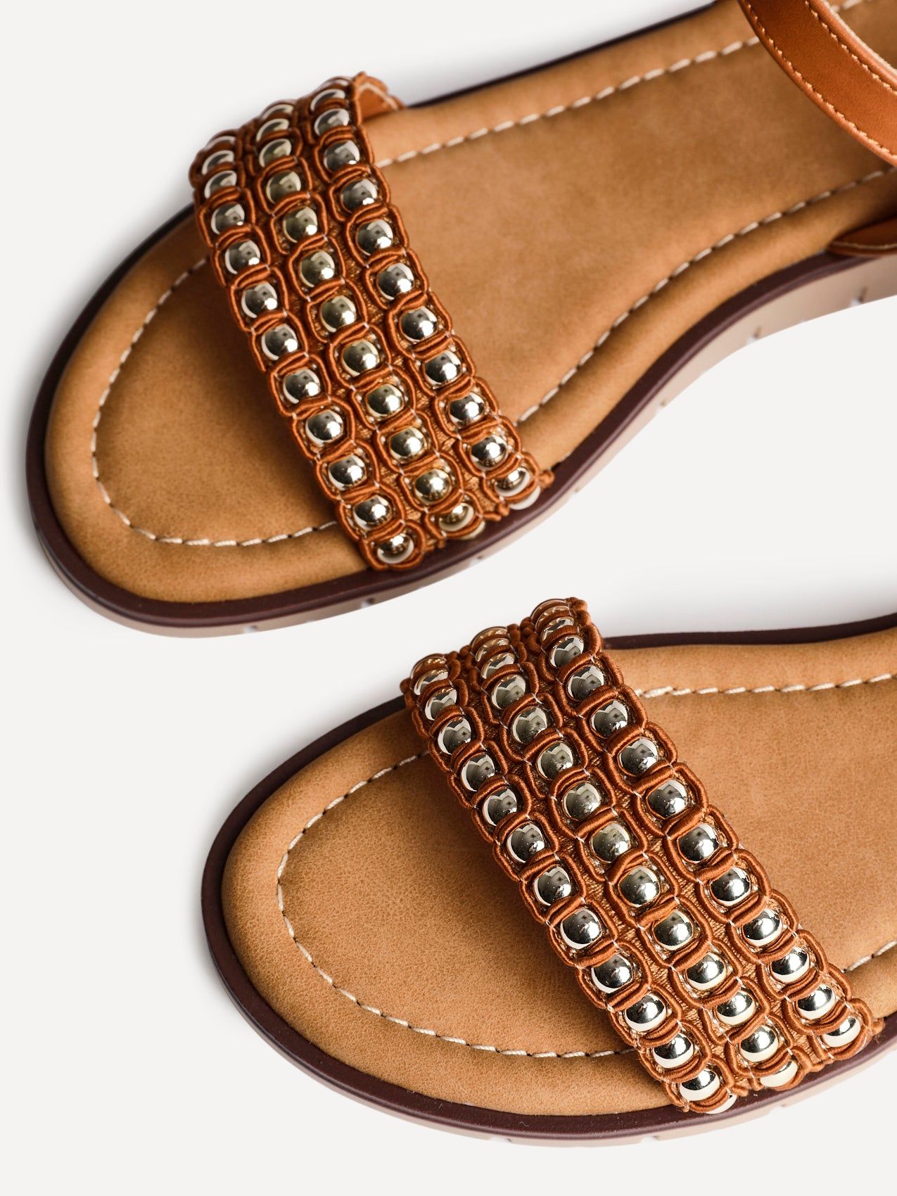 Linzi Electra Tan Faux Leather Studded Flat Sandals image 4