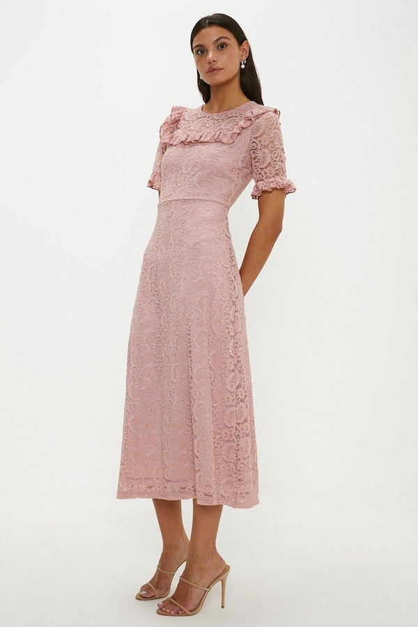 Oasis Lace Detail Frill  Midi Dress Blush