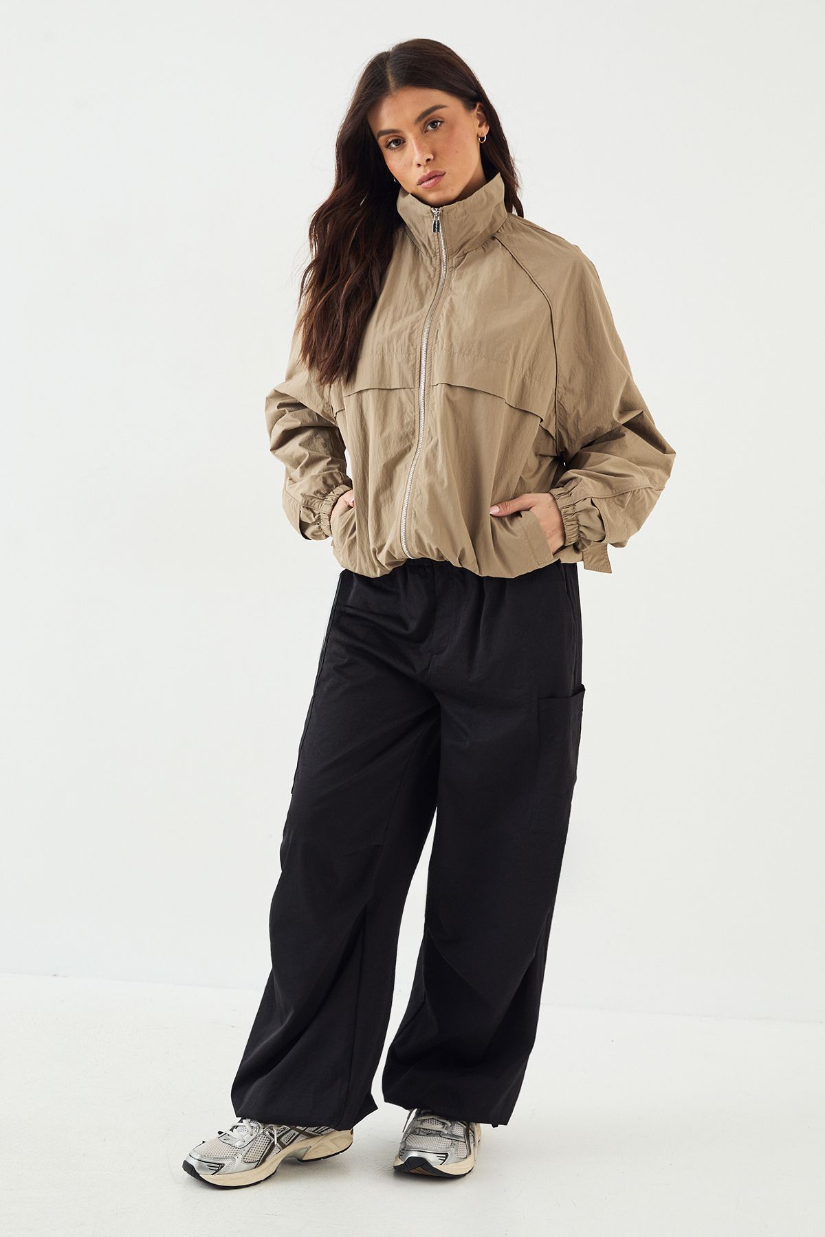 DSGN Studio DSGN Studio Nylon Zip Through Funnel Neck Track Jacket Taupe image 3