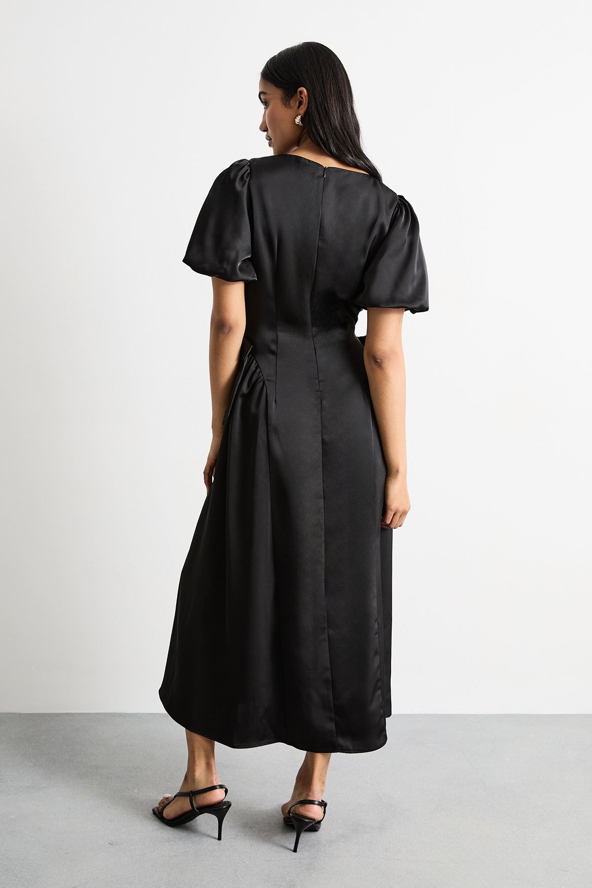 Warehouse Heavy Satin Bow Detail Godet Midi Dress Black image 3