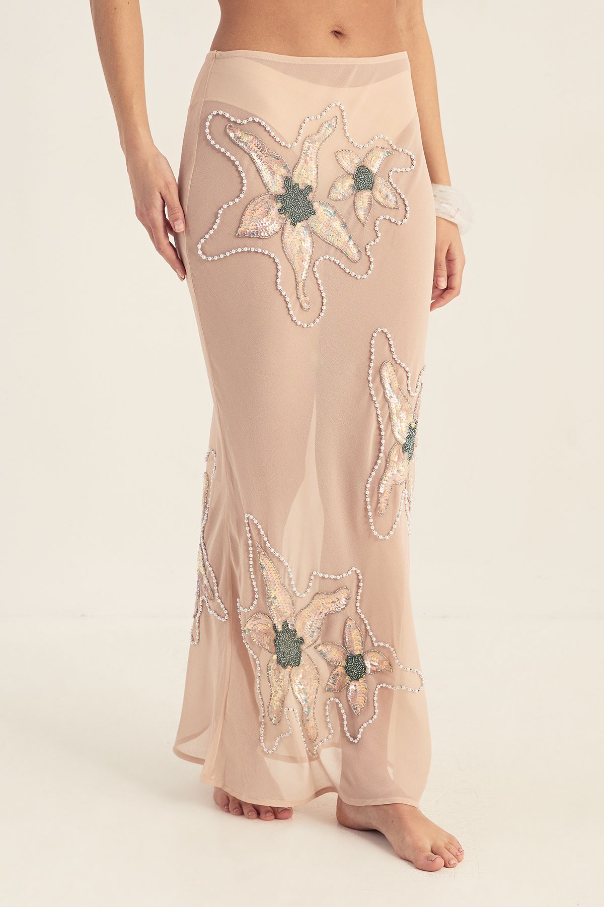 NastyGal Flower Embellished Maxi Beach Skirt Nude image 2