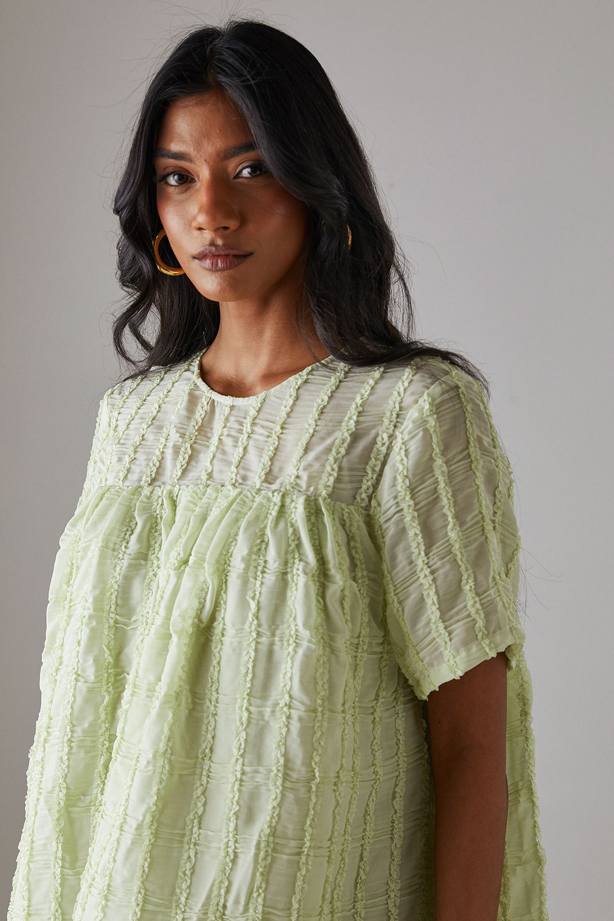 Warehouse Ruffle Organza Babydoll Mini Smock Dress Apple Green image 2