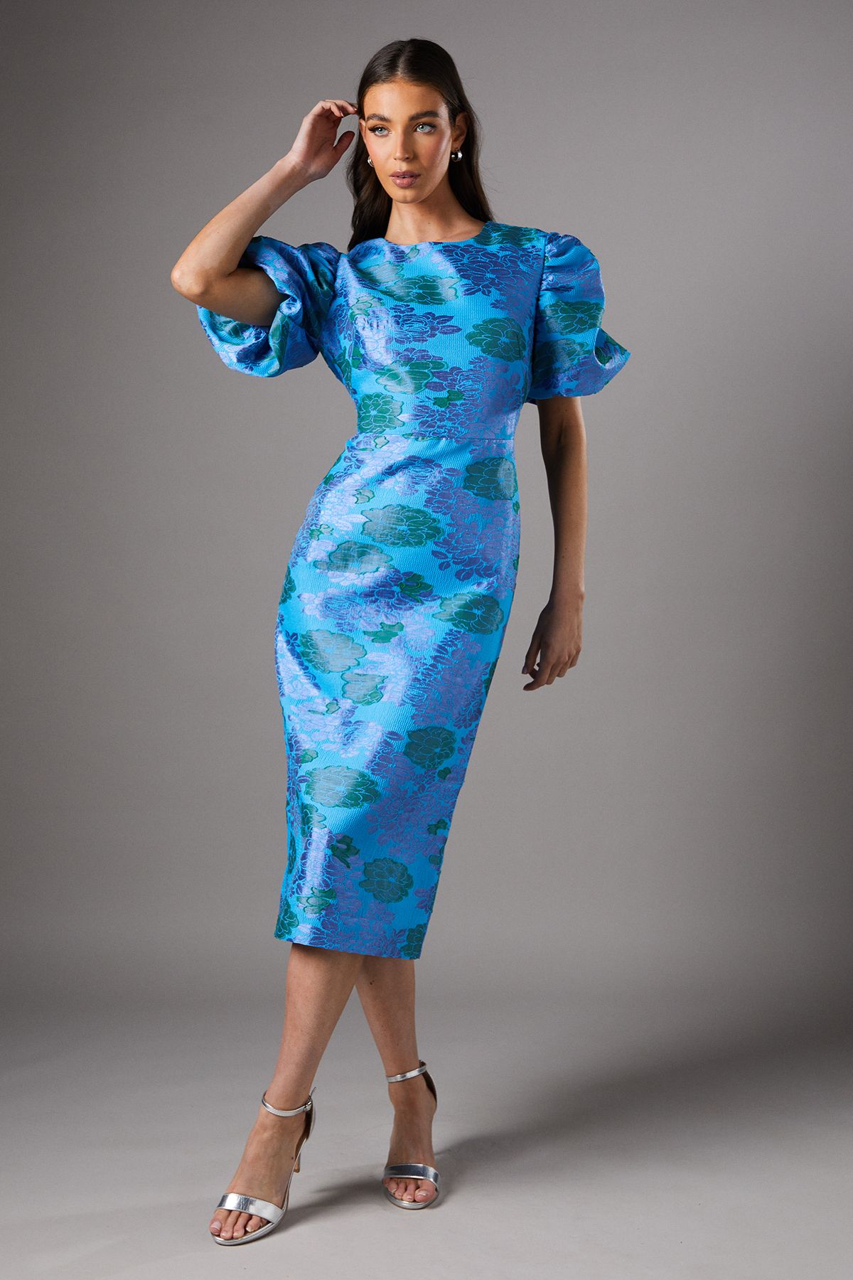 Coast Blue Floral Puff Sleeve Midi Dress Blue
