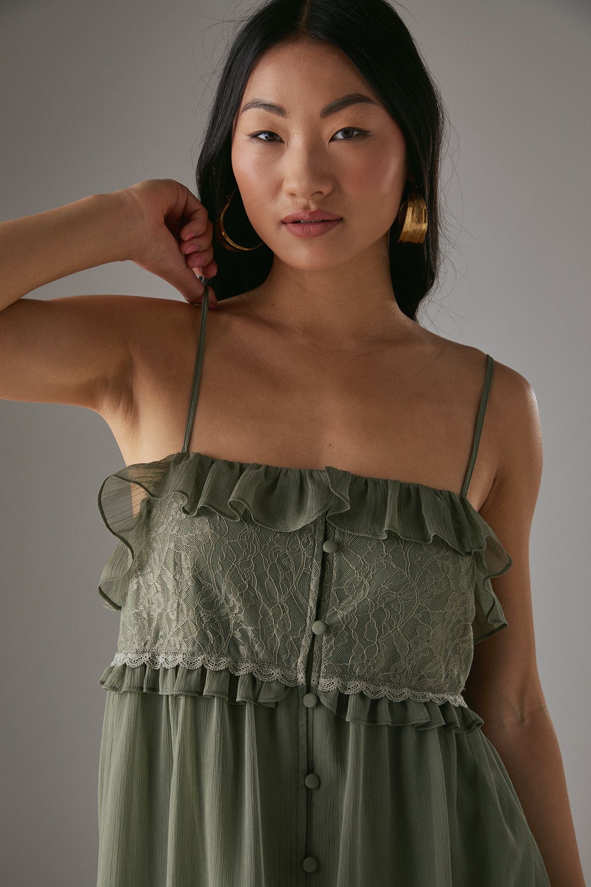 Warehouse Petite Lace Ruffle Strappy Midi Sundress Khaki image 4