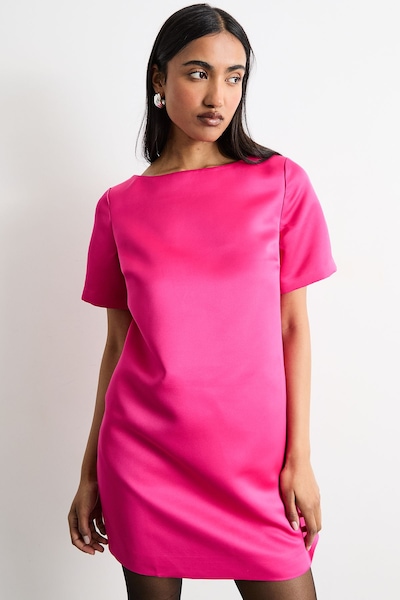 Warehouse Structured Satin Scoop Back Mini Dress Pink