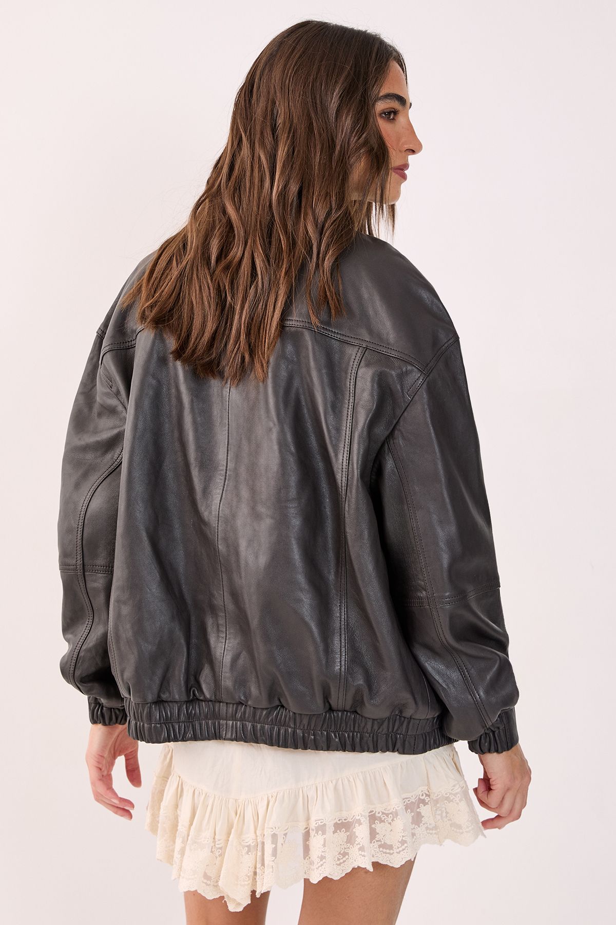 NastyGal Real Leather Oversized Bomber Jacket Chocolate image 4