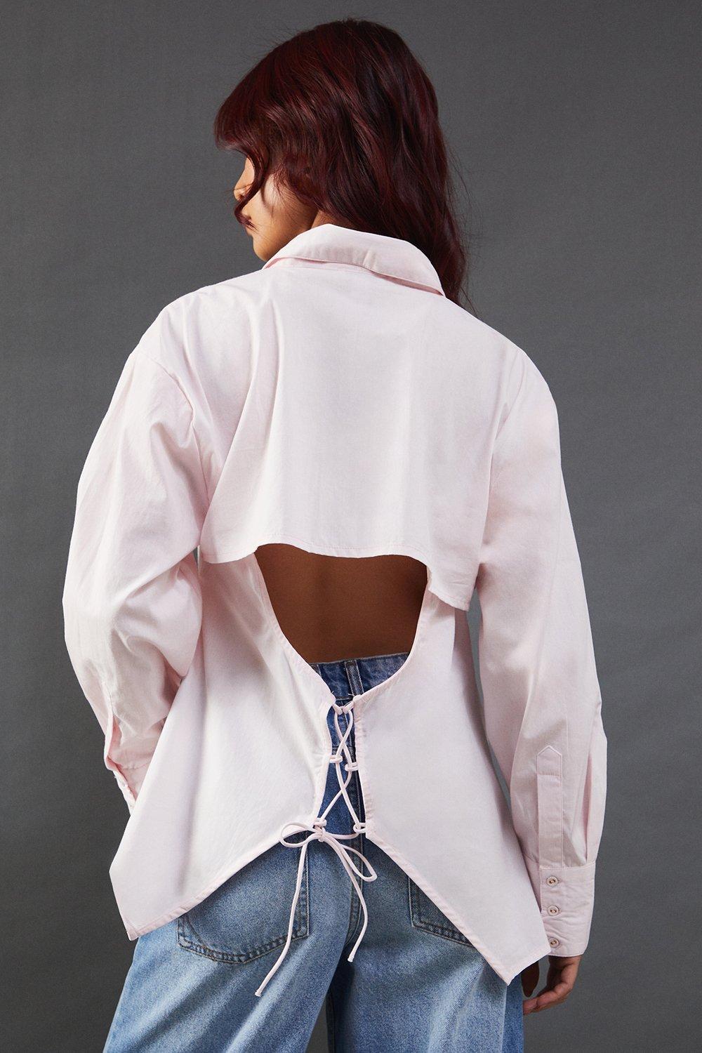Warehouse Poplin Open Tie Back Shirt Pale Pink image 3