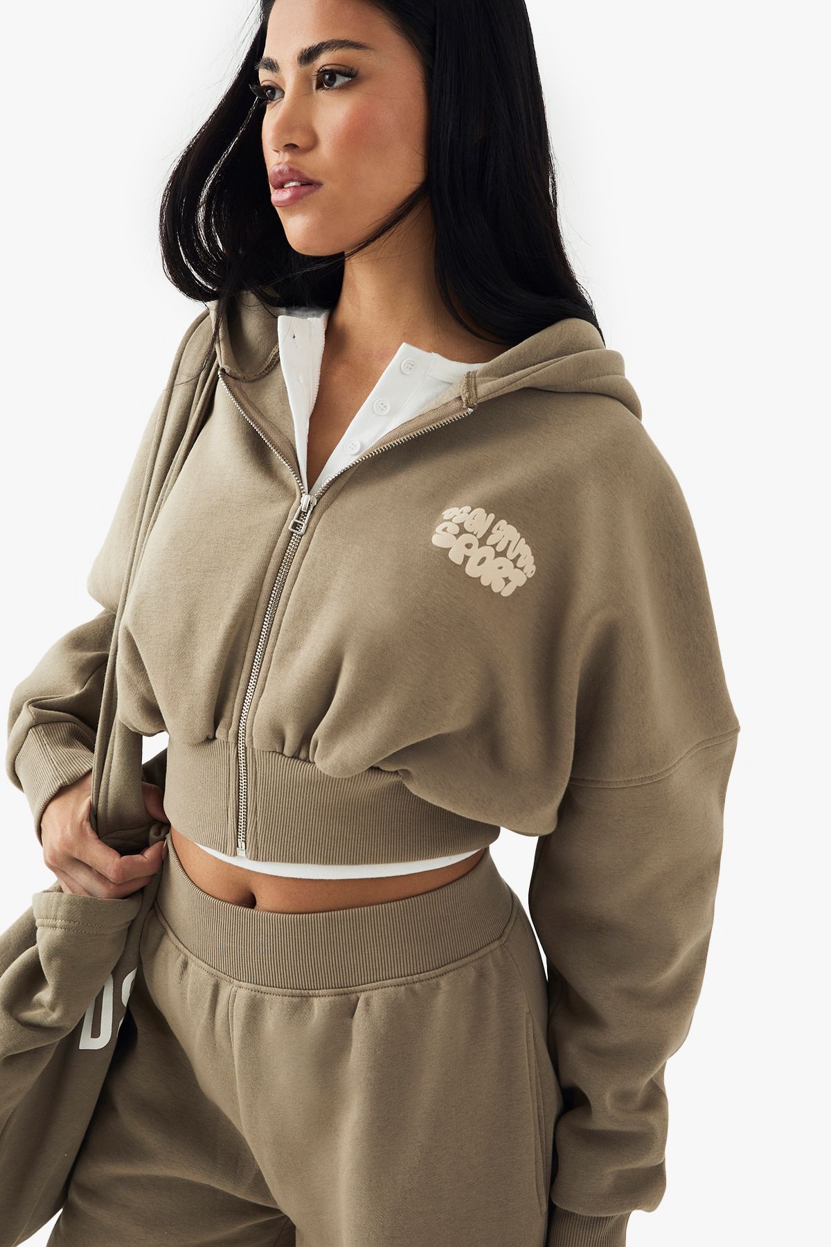 DSGN Studio DSGN Studio Sport Bubble Zip Through Boxy Crop Hoodie Washed Khaki image 3