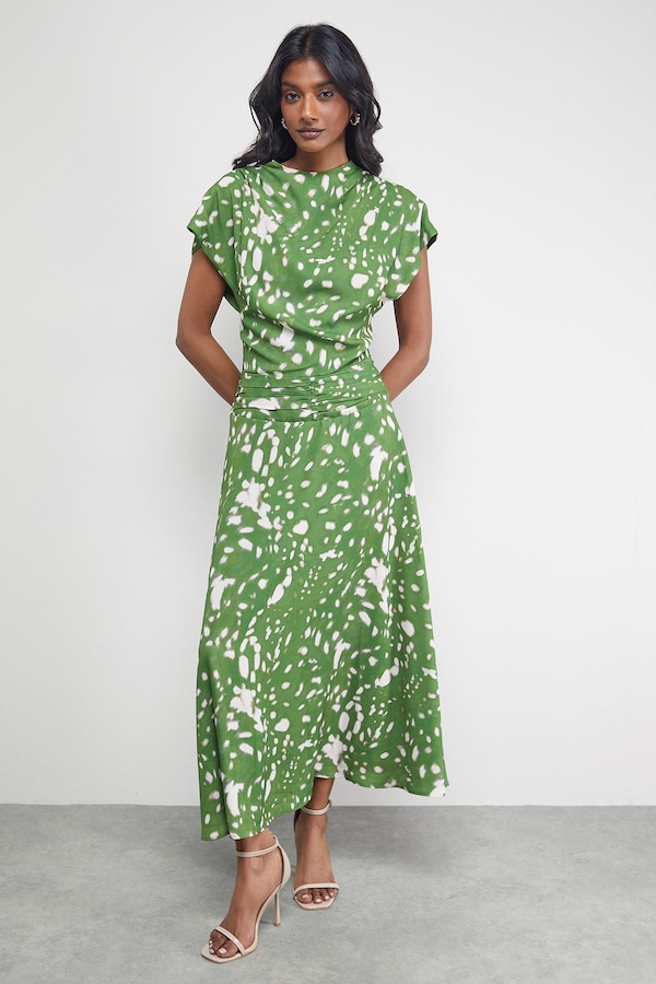 Warehouse Chiffon Grown On Sleeve Drop Waist Midi Dress Green