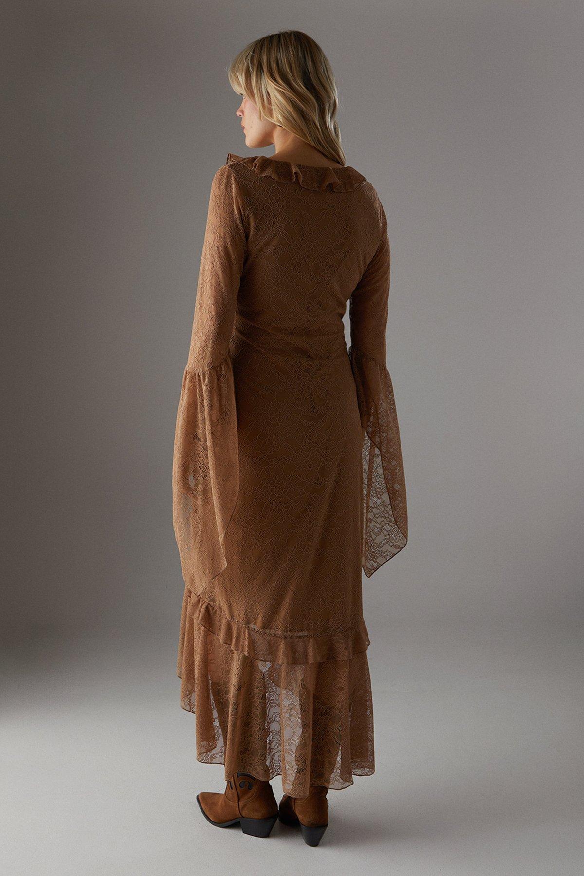 Warehouse Lace Button Through Ruffle Maxi Dress Tan image 3