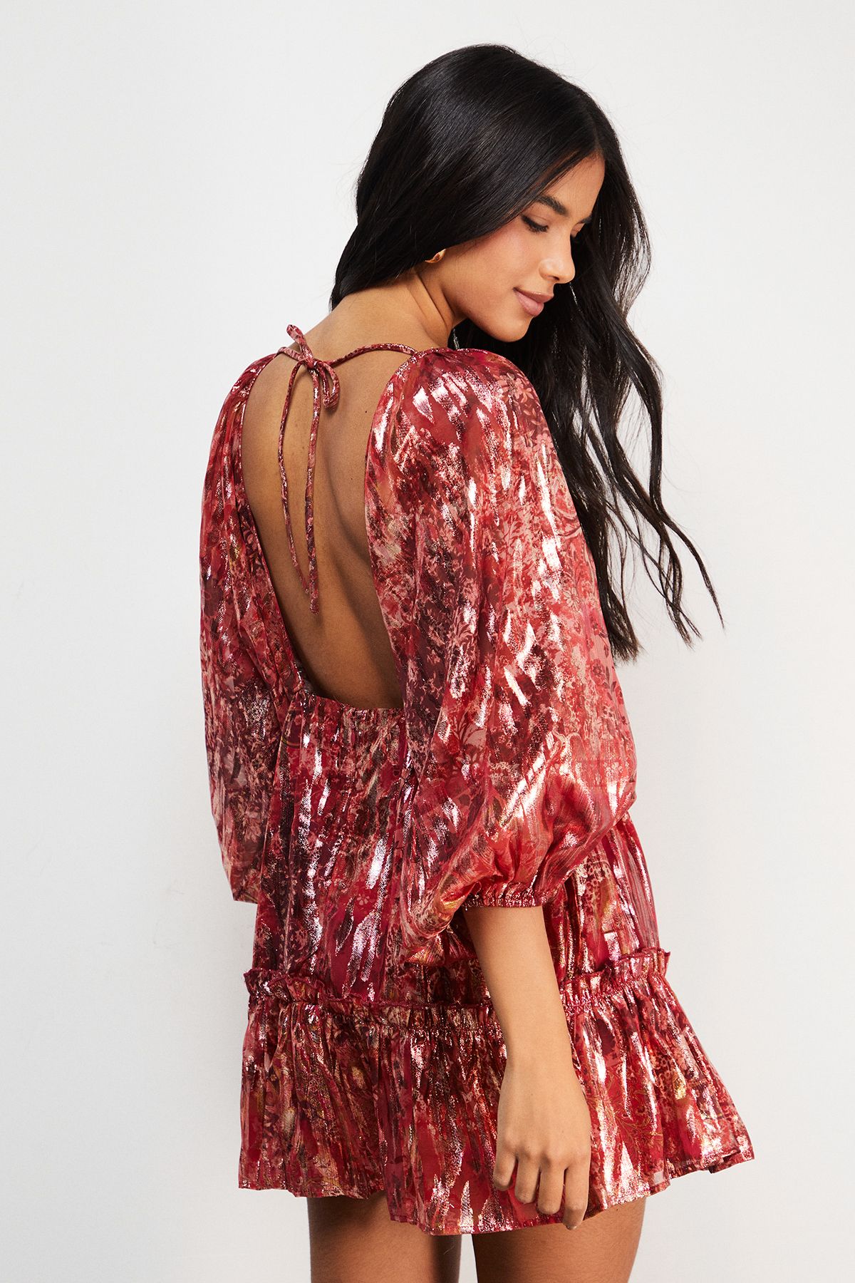 Warehouse Metallic Jacquard Volume Sleeve Mini Dress Floral image 3