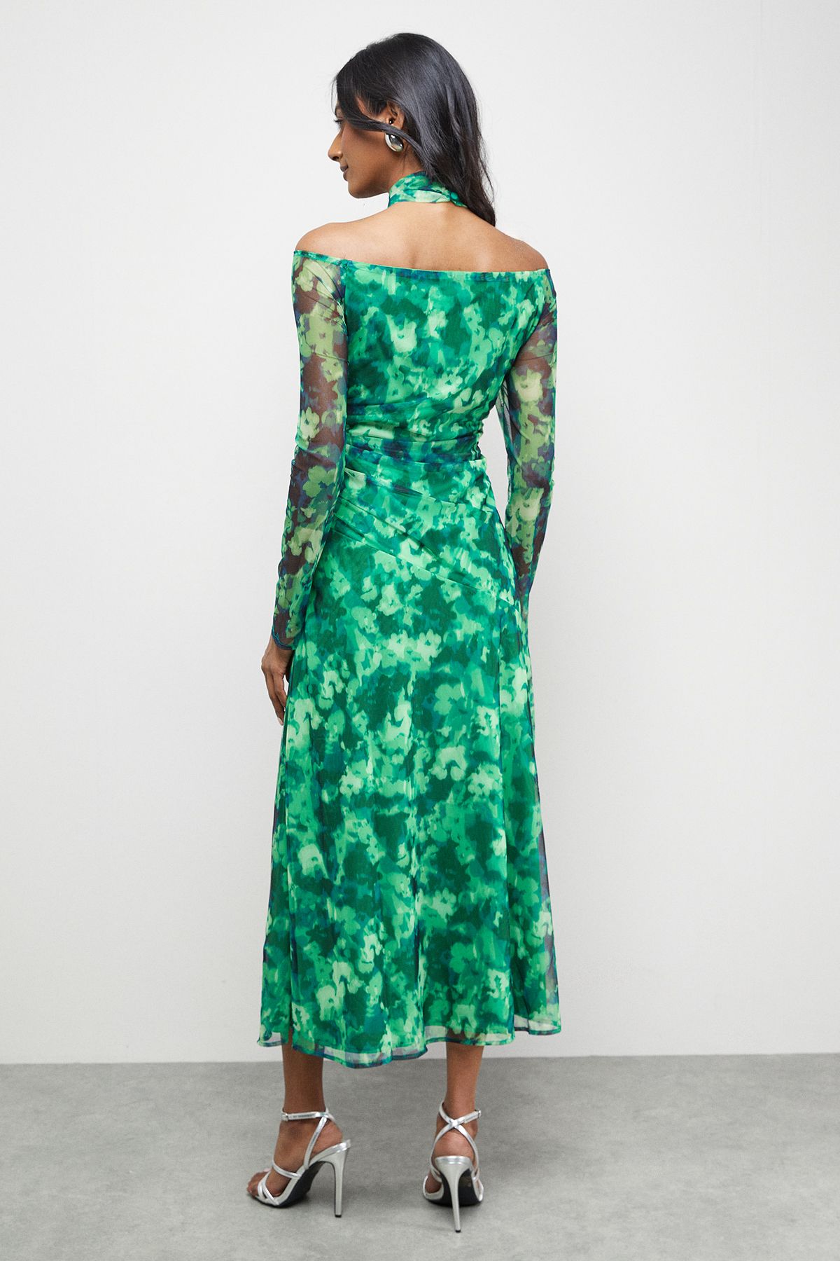 Warehouse Print Twist Mesh Midi Dress Green image 3