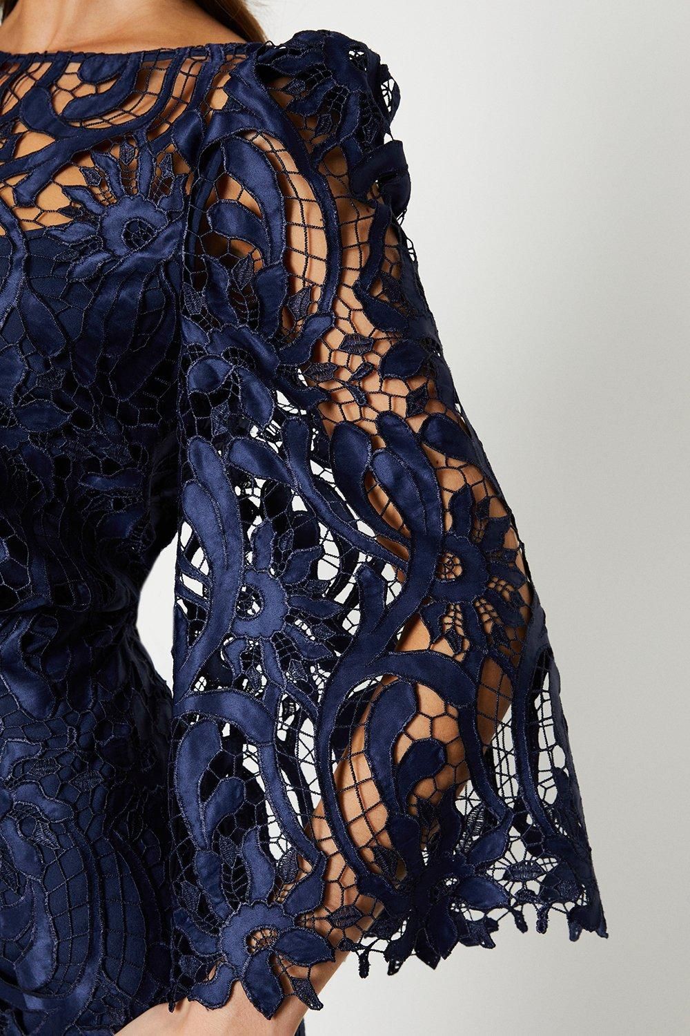Coast Satin Lace Boat Neck Midi Dress With Fluted Sleeve Navy image 2