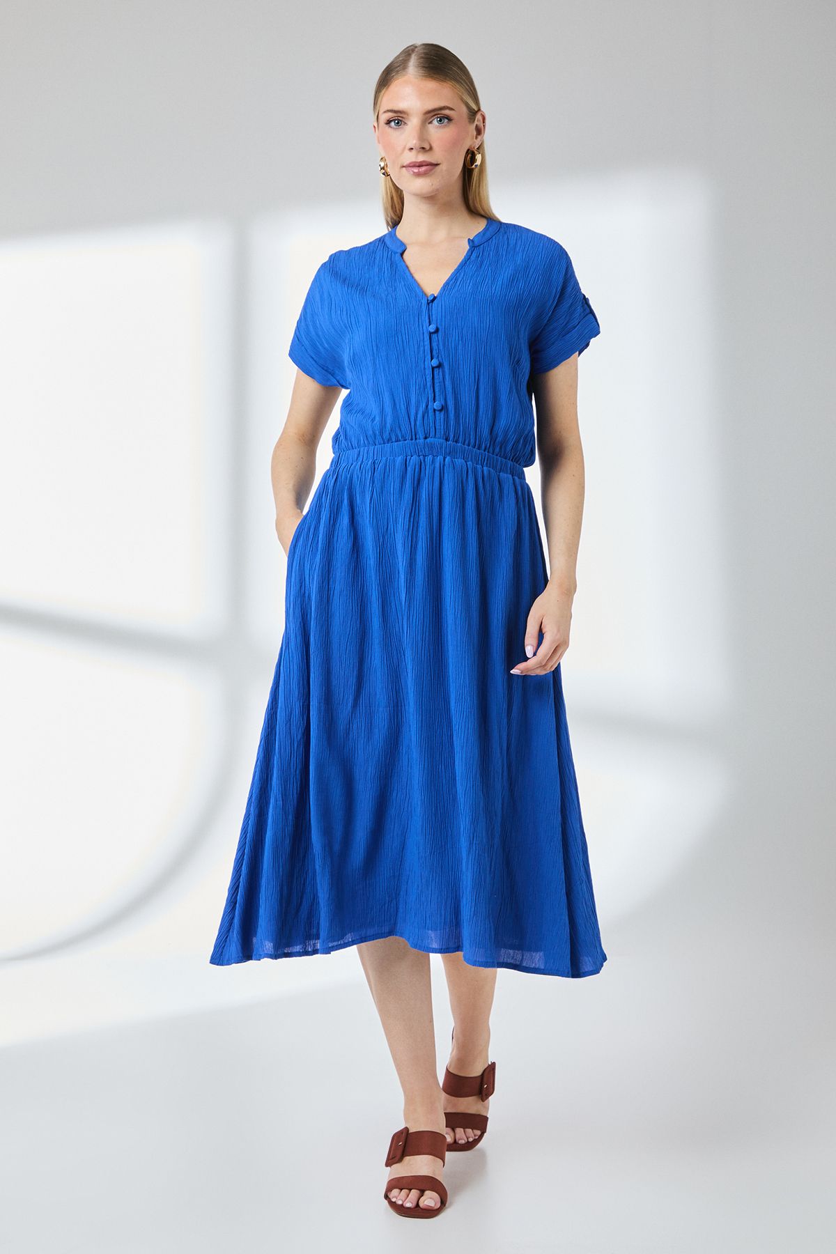 Principles Elasticated Waist Crinkle Viscose Midi Dress Bright Blue