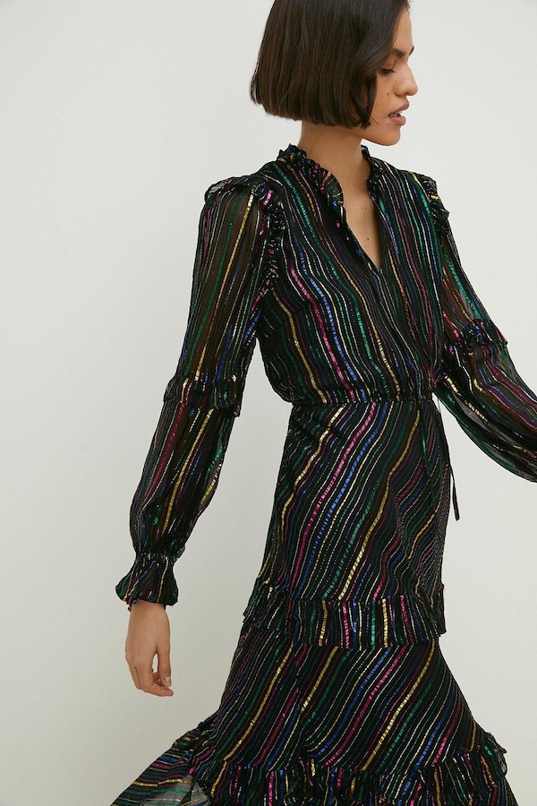 Oasis Petite Colourful Metallic Stripe Midi Dress Black