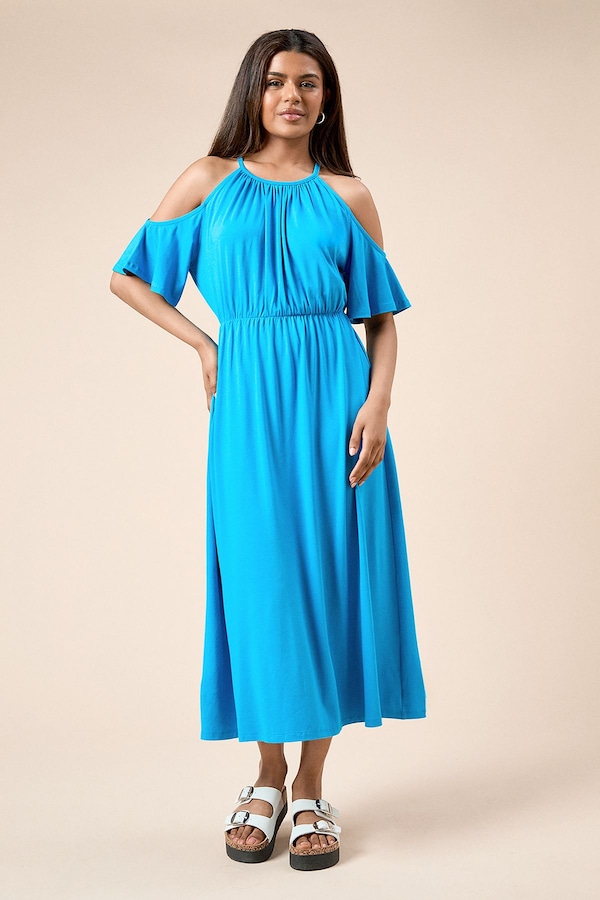 Dorothy Perkins Petite Cold Shoulder Halterneck Midi Dress Teal