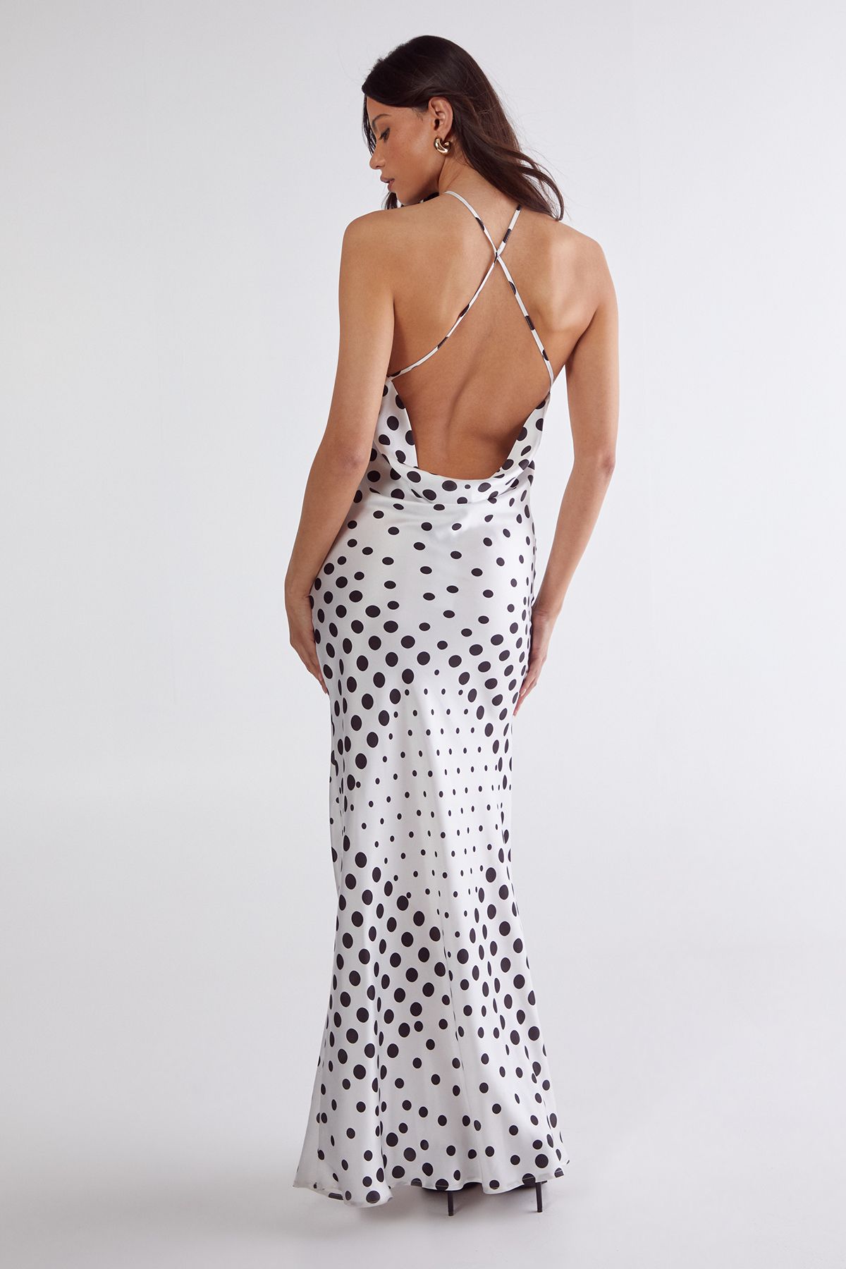 NastyGal Satin Polka Dot Halter Neck Cowl Back Maxi Dress Mono image 4