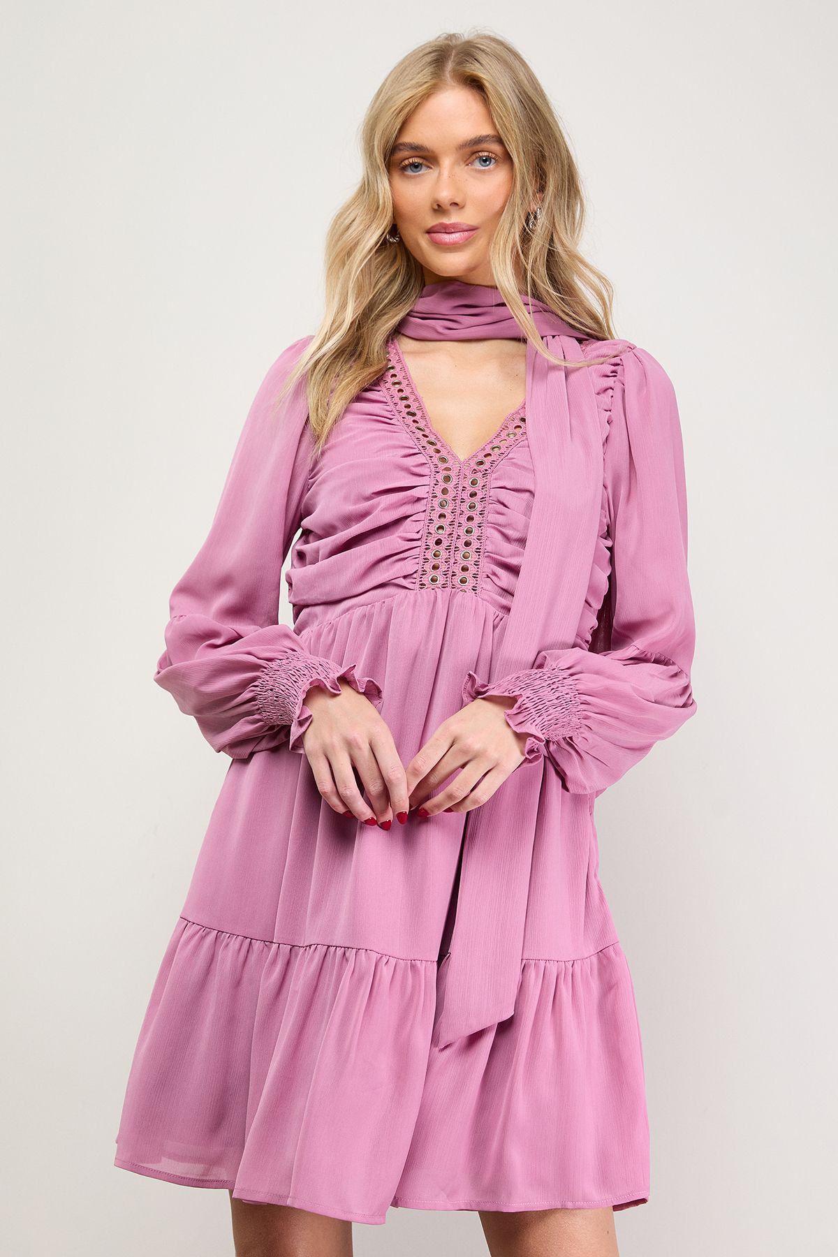 Oasis Ruched Bow Tie Mini Dress With Stud Trim Rose image 2