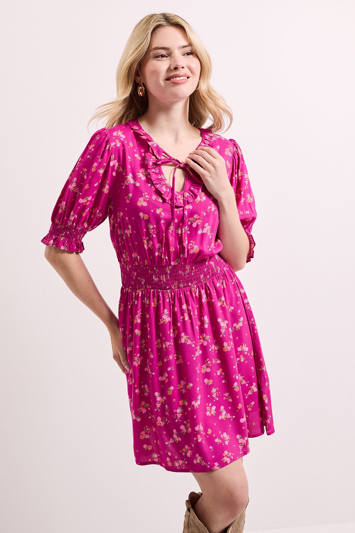 Dorothy Perkins Pink Floral Shirred Waist Tie Neck Mini Dress Pink image 2