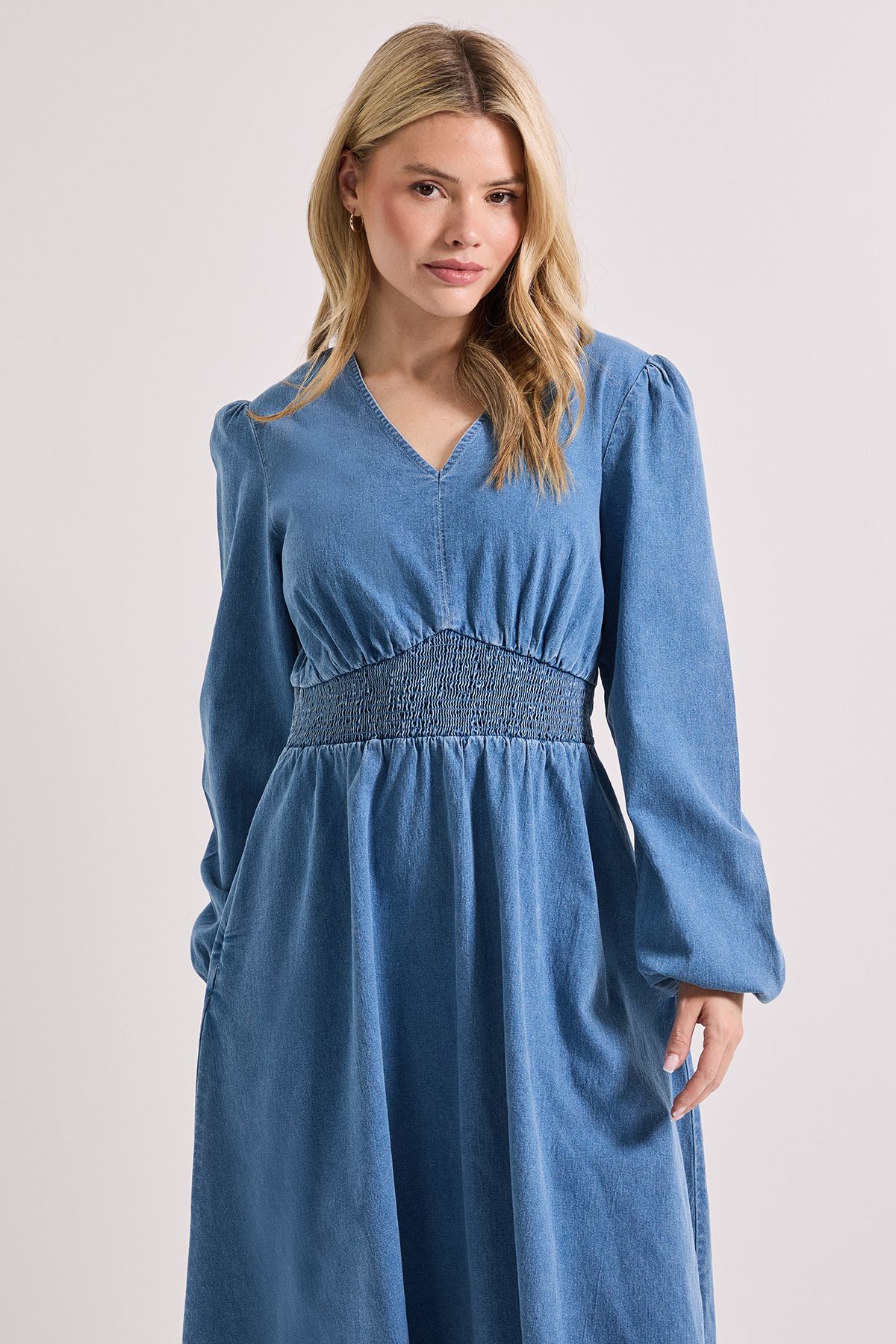 Dorothy Perkins Shirred Waist Long Sleeve Denim Midi Dress Mid Wash image 4