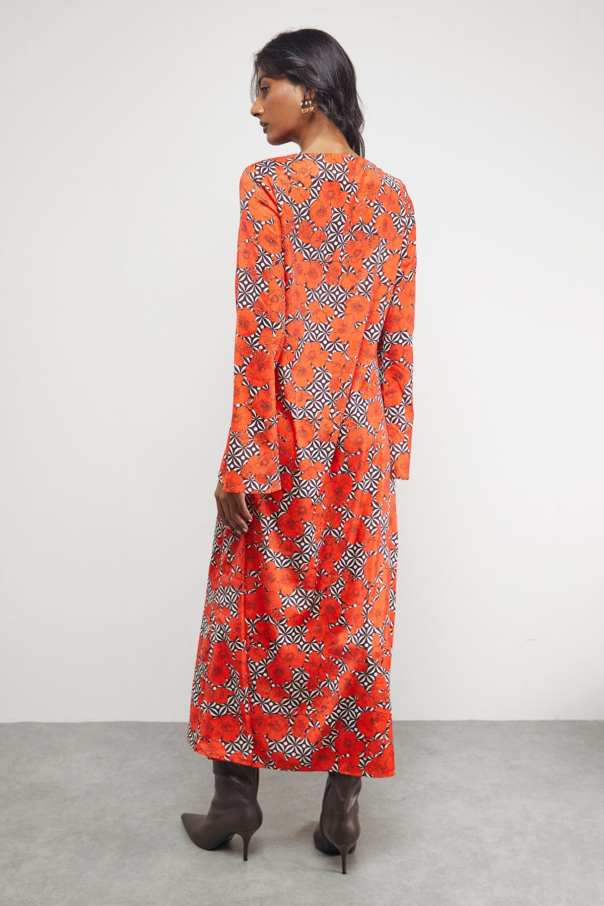 Warehouse Floral Crinkle Satin Bias Button Side Midi Dress Orange image 3