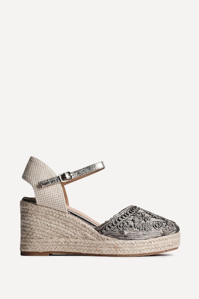 Linzi Mystic Pewter Embroidered Closed-Toe Espadrille Wedge