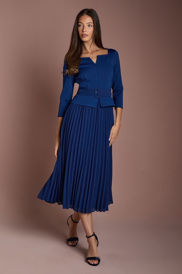 Coast Bandage Long Sleeve Dress with Pleated Skirt Navy