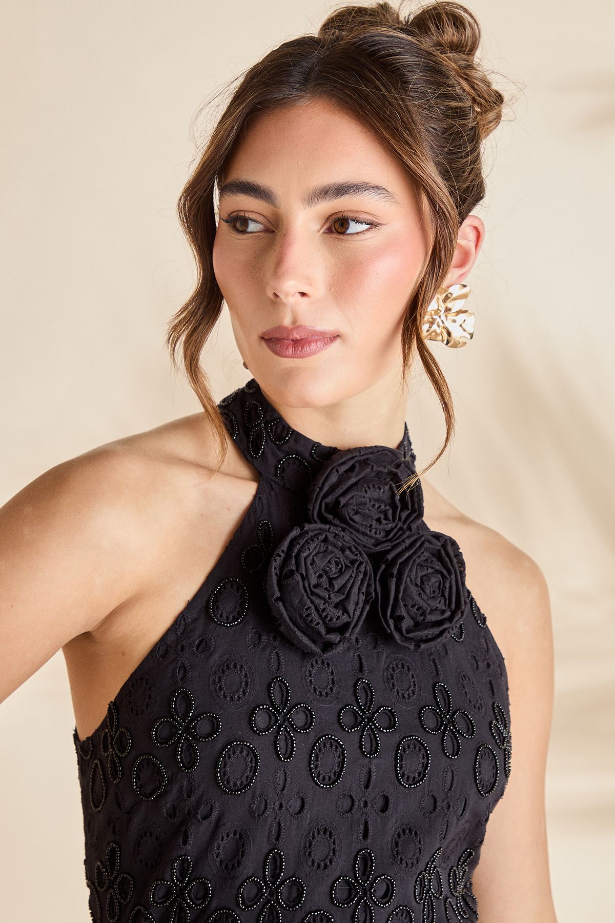 Coast Broderie Embellished Fringe Halter Dress Black image 4