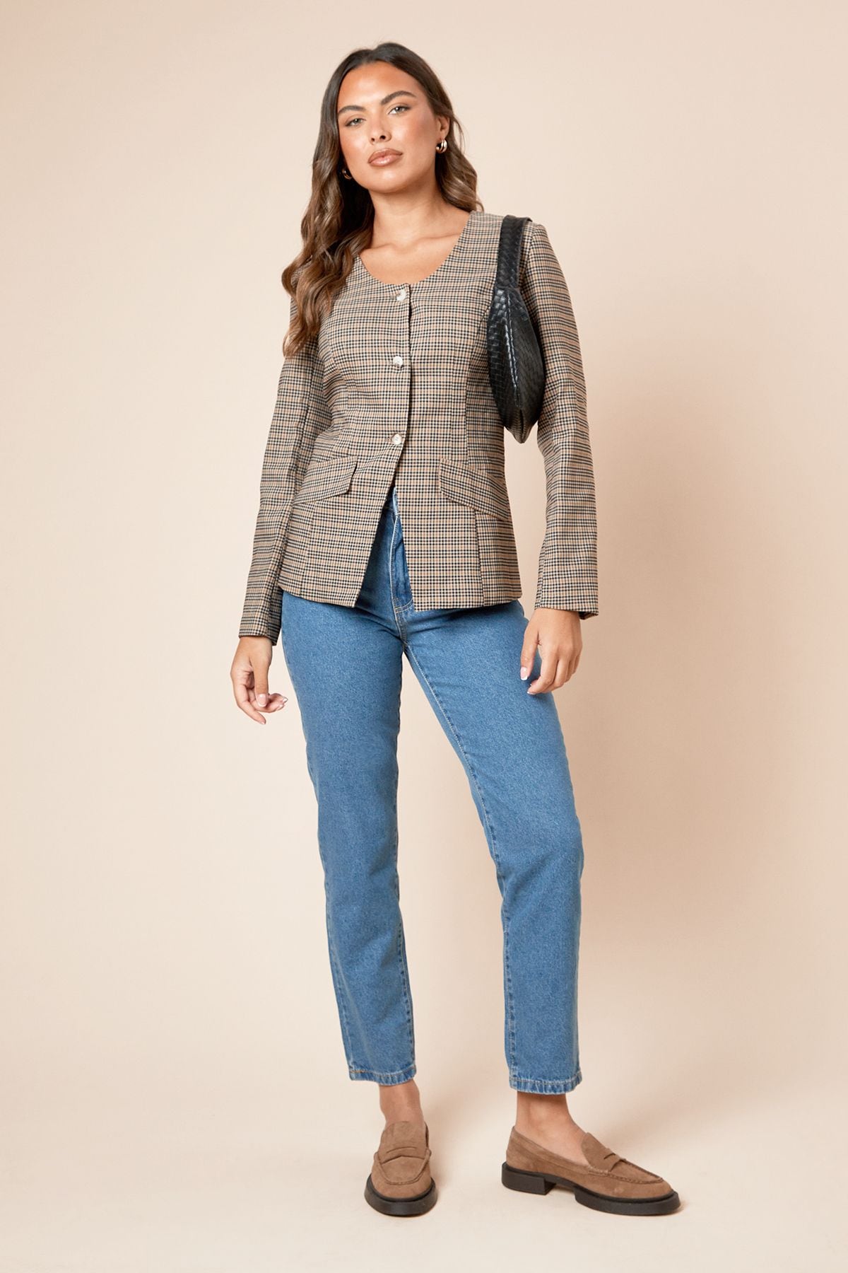 Dorothy Perkins Check Scoop Neck Blazer Dark Brown image 1