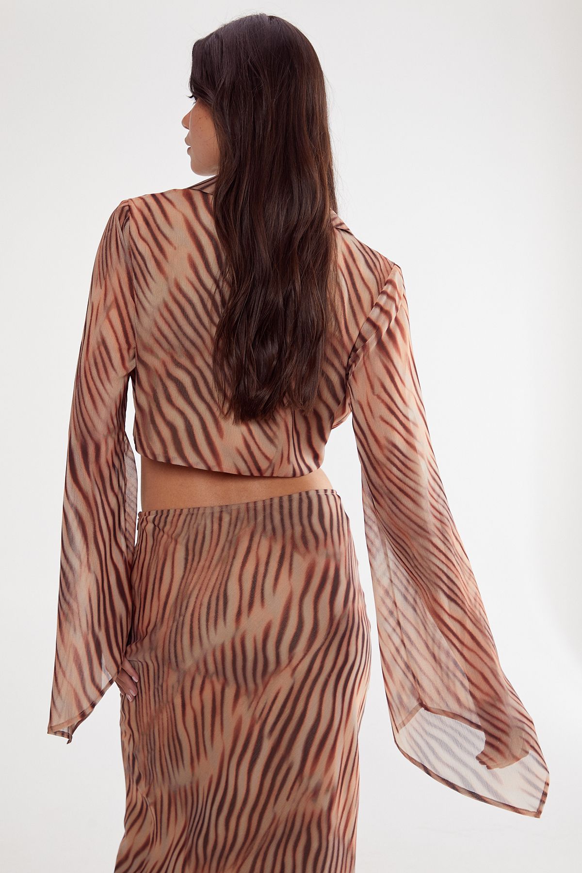 NastyGal (Az) Chiffon Blurred Zebra Tie Front Fluted Sleeve Crop Top Orange image 4