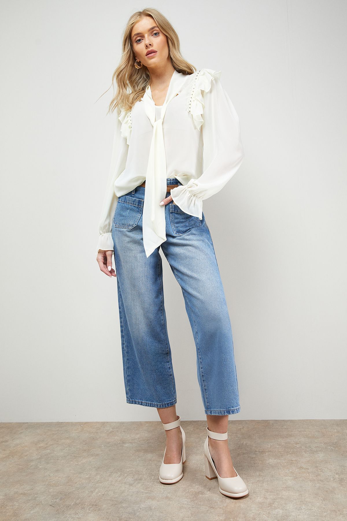 Oasis Celine Faux Leather Covered Buckle High Block Heel Platform Court Shoes Beige image 2