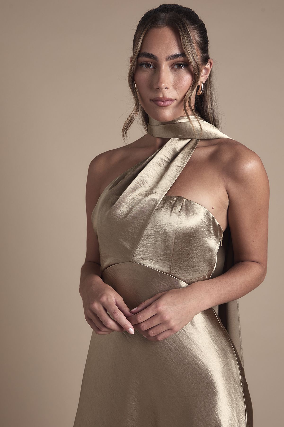 Coast Satin Scarf Detail Maxi Bridesmaid Dress Metallic Gold image 3