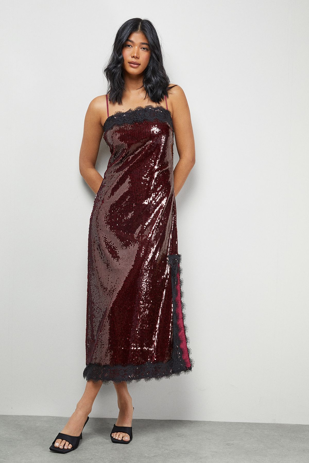 Warehouse Sequin Lace Trim Square Neck Midi Slip Dress Dark Red image 2