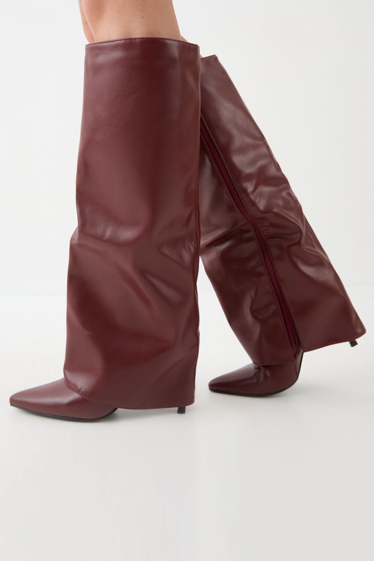 MissPap Faux Leather Foldover High Stiletto Knee High Boots Wine image 4